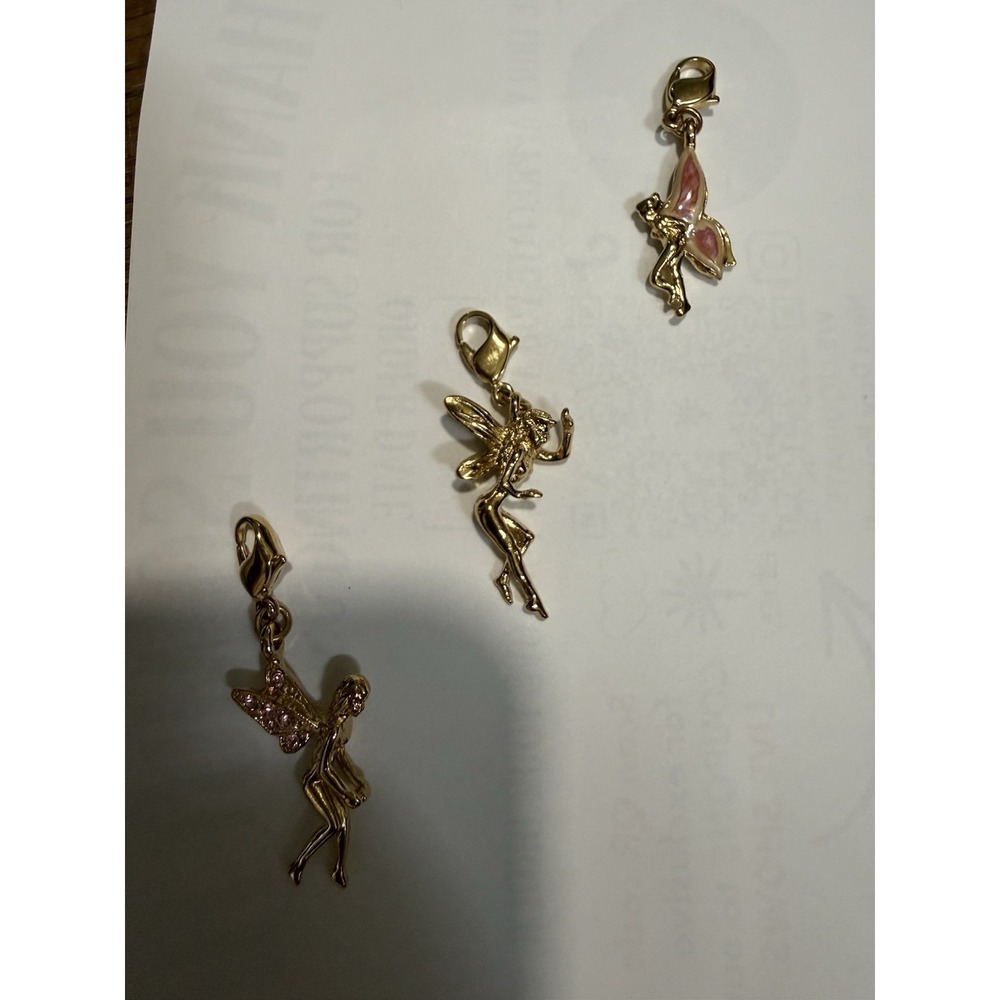 Lot of 3 Fairy Charms Gold Tone Pink Enamel Rhinestone Whimsical Fantasy Unmarkd